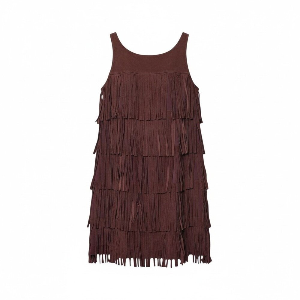 Vintage Brown Suede Fringe Flapper Dress – Leather – Women’s XS